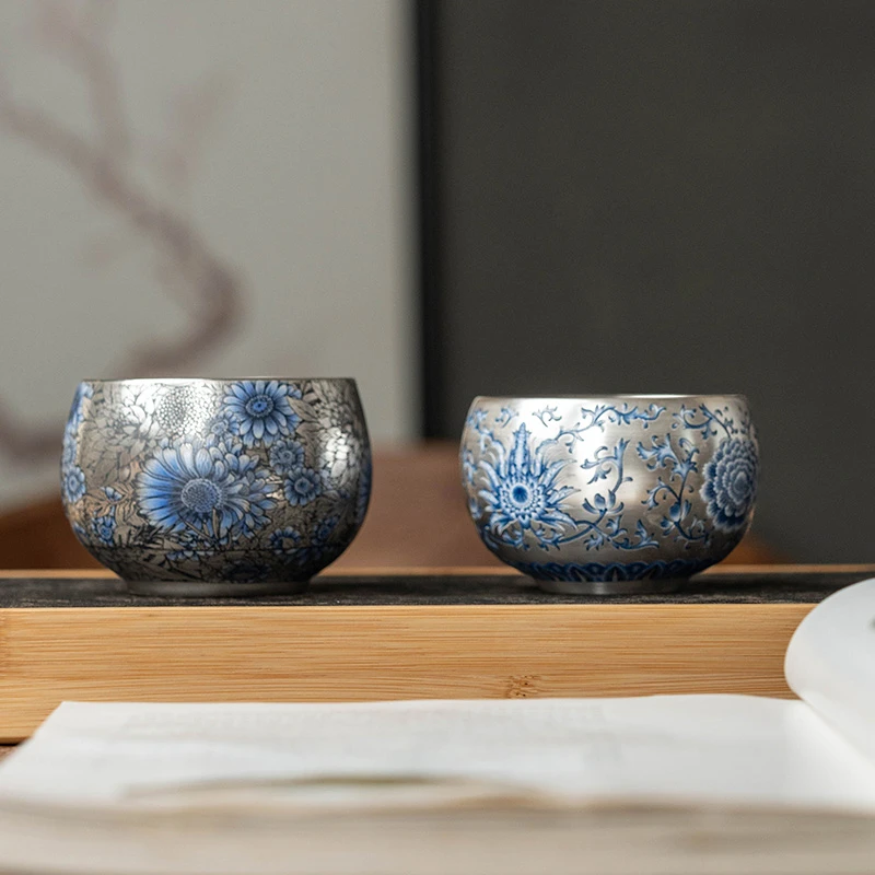 青花缠枝莲鎏银主人杯 一对  1456+1728