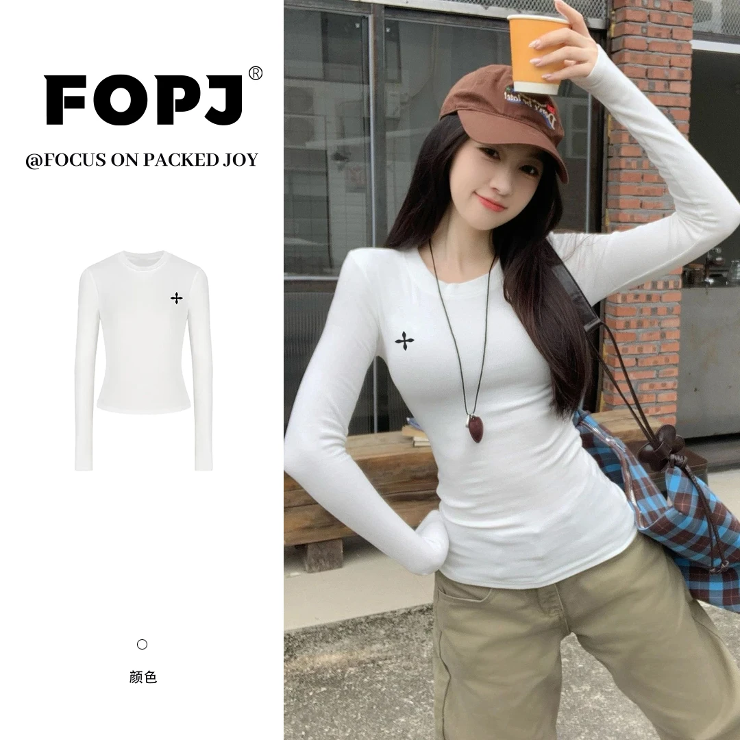 FOPJ时尚美式印花长袖t恤女秋季新款德绒修身辣妹纯欲风圆领上衣