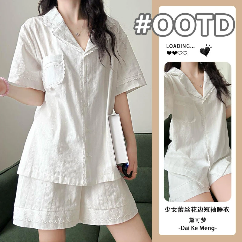 韩系ins风少女夏天云朵棉复古感蕾丝花边短袖短裤家居服套装女款
