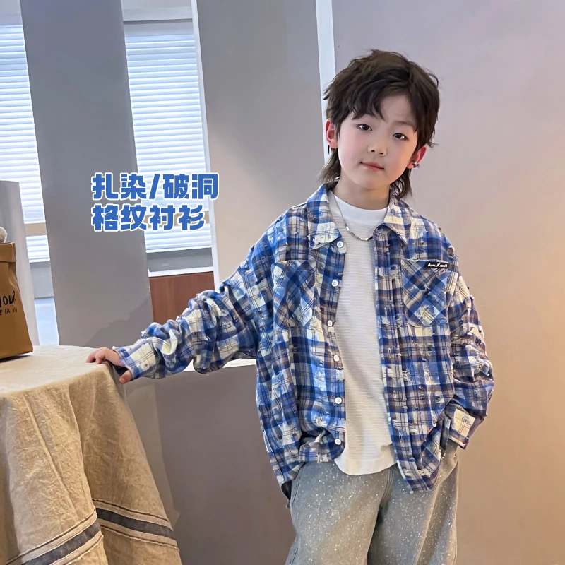 春款新品儿童扎染衬衫破洞设计感格子衬衣长袖韩版洋气 503125O6