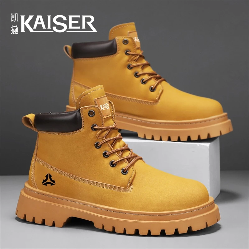 凯撒男鞋冬季英伦风复古百搭马丁靴时尚高帮鞋子男款大黄靴-DHX12