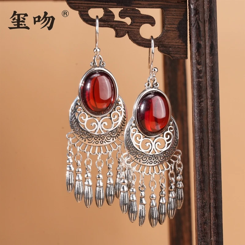 925银耳饰 【玺吻】s925银 石榴蛋面瓜子流苏耳饰 古典气质长款耳饰