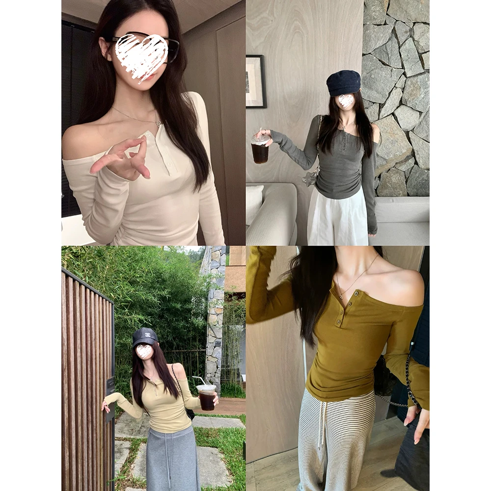 性感斜肩抽褶长袖T恤女2025秋季纯欲修身显瘦打底上衣 60695
