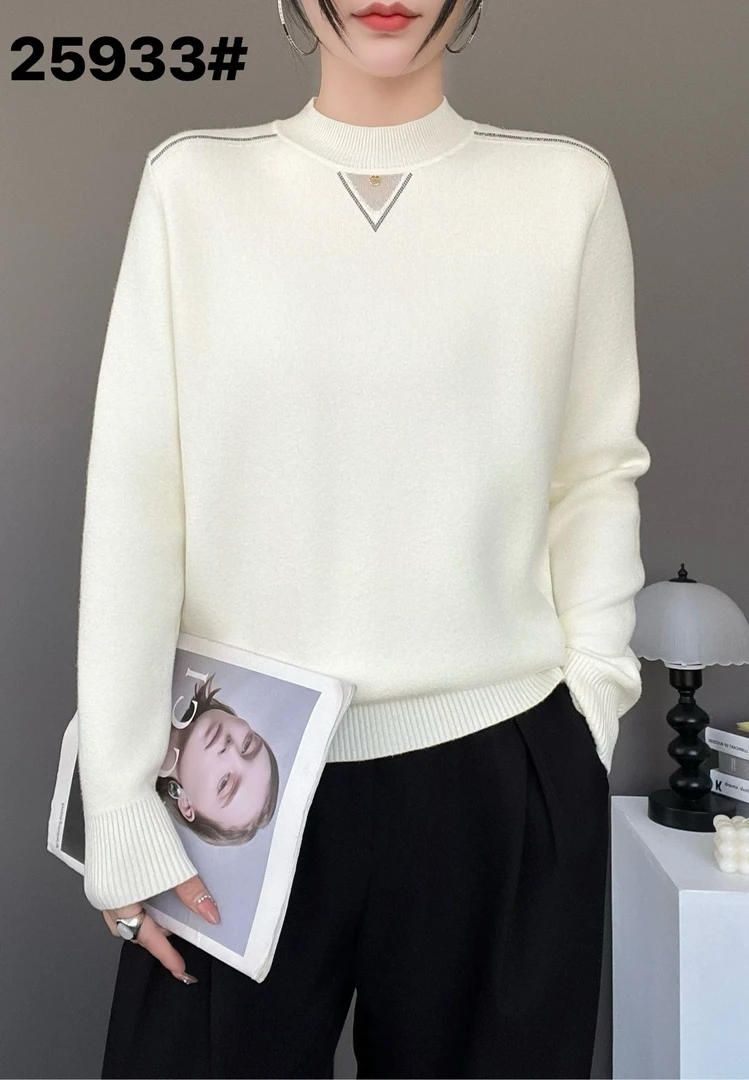 半高领长袖女装毛针织衫白色衬衫袖修身型圆领上衣女时尚百搭