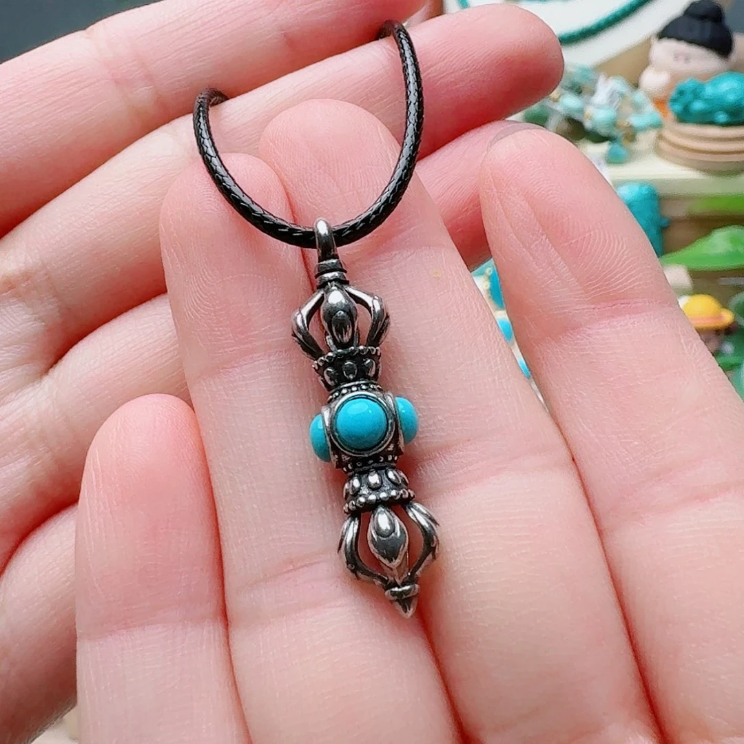 绿松石银S925镶嵌高瓷蓝复古吊坠配饰