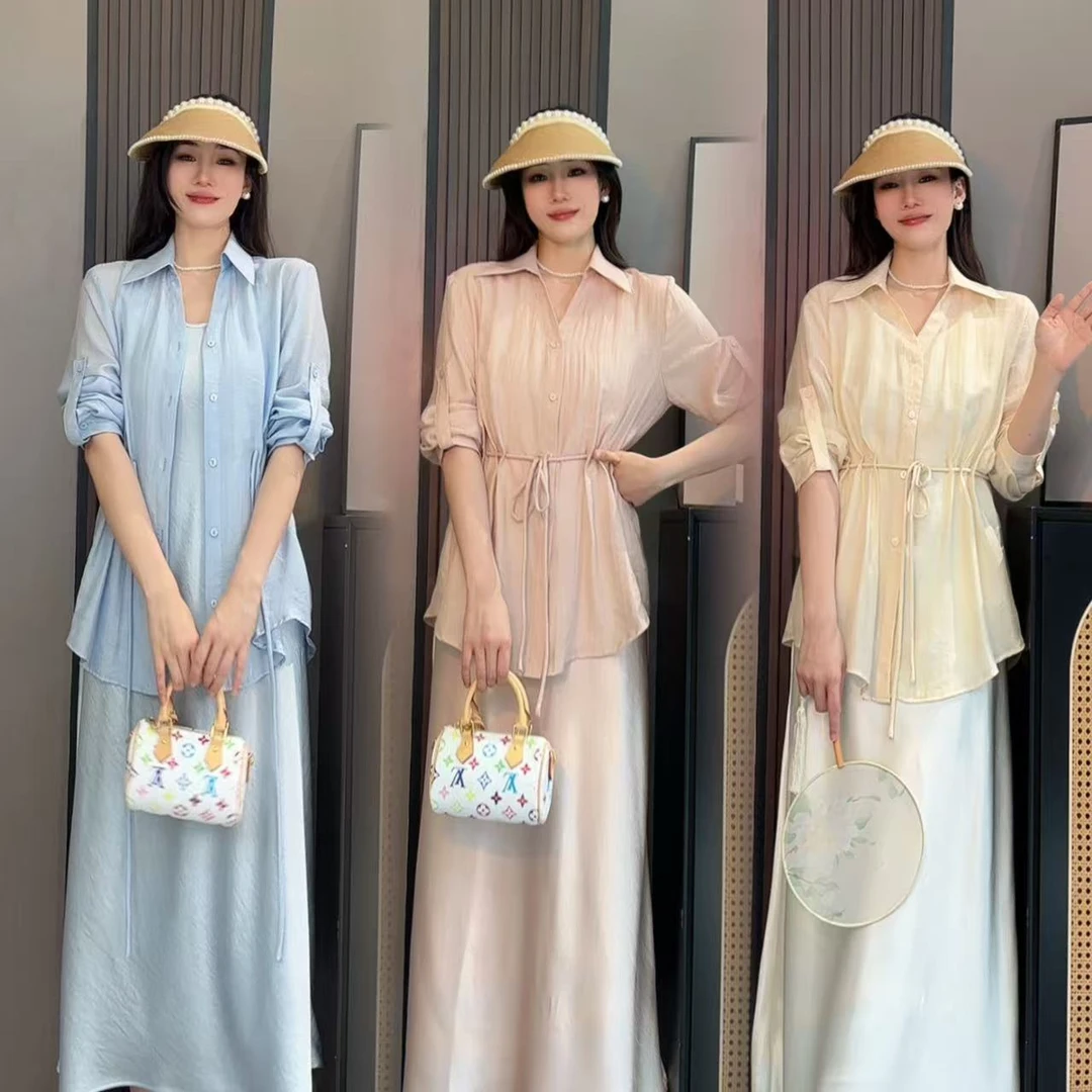 2025春夏新款韩版时尚气质显瘦收腰衬衫吊带连衣裙两件套女