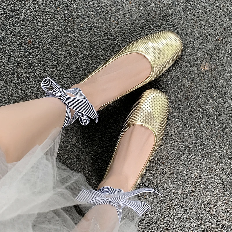 绑带可拆~大码42真皮时尚百搭芭蕾舞玛丽珍鞋真皮浅口平底单鞋女