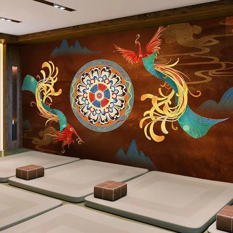 2025年爆款敦煌飞天凤凰新中式古典饭店客厅电视背景佛堂墙布