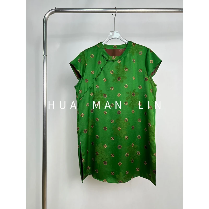 【花满林】圆领斜门襟小团花香云纱桑蚕丝盖袖上衣259624