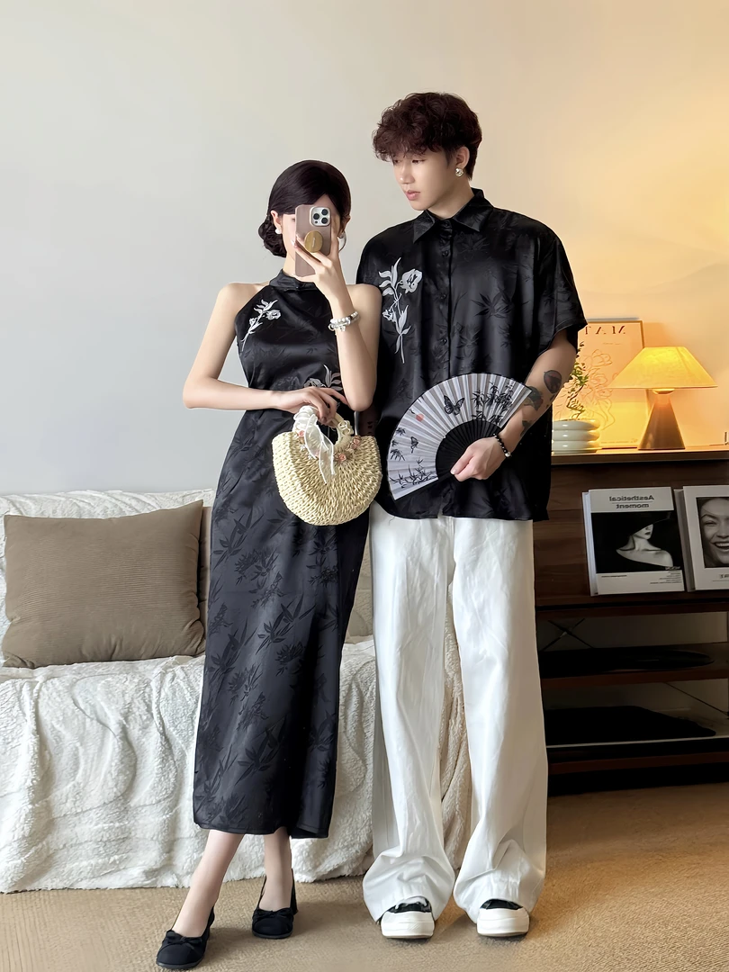 情侣装夏季新中式无袖暗纹提花刺绣改良女旗袍连衣裙男短袖衬衫潮
