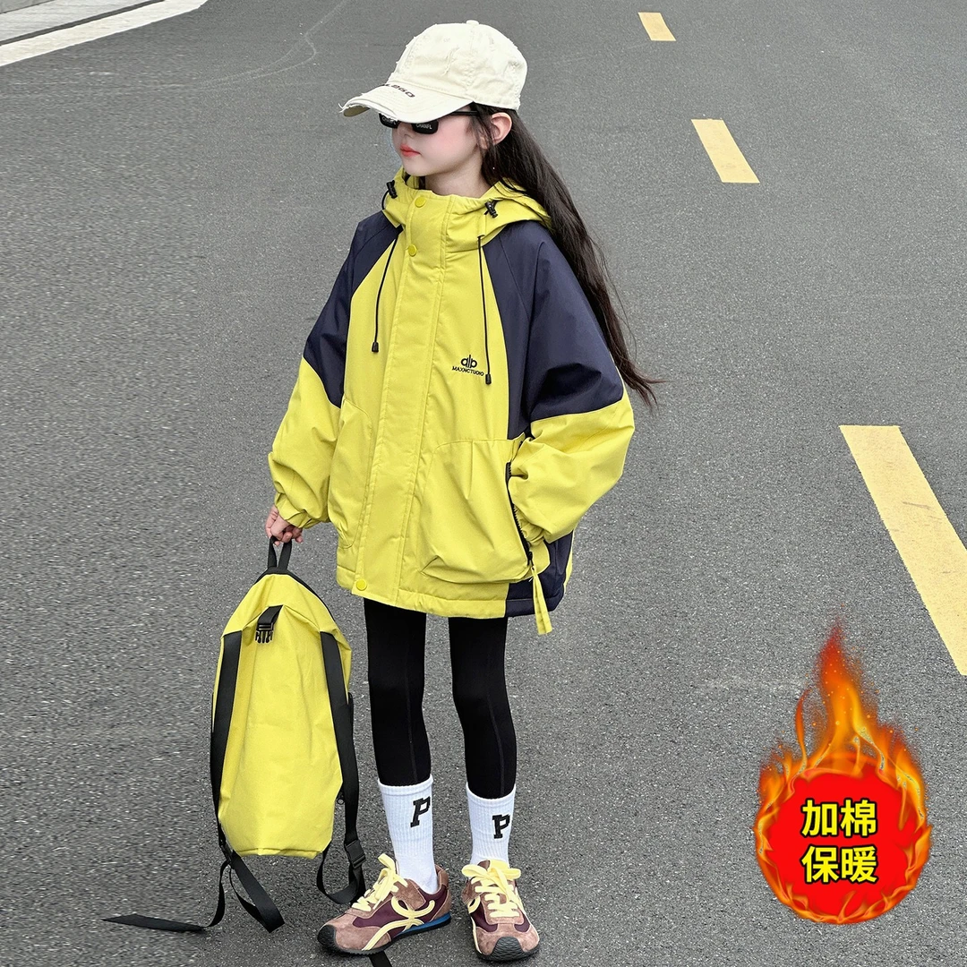 女童冲锋衣外套秋冬2025新款大童女孩夹棉外套冬季上衣儿童防风衣