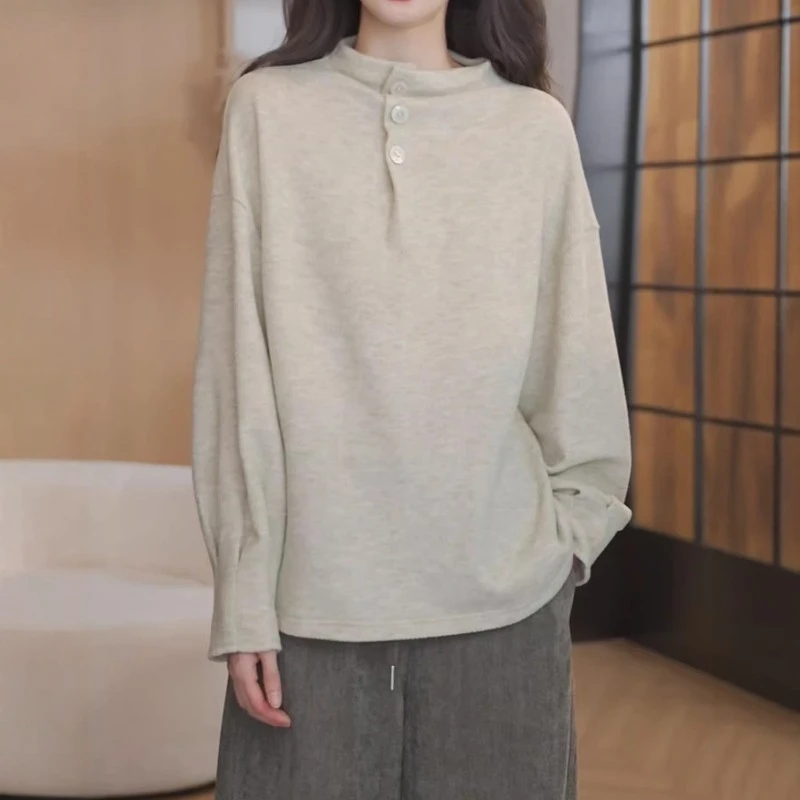 韩系简约百搭立领长袖T恤女2026洋气时髦打底衫纯色显瘦洋气上衣