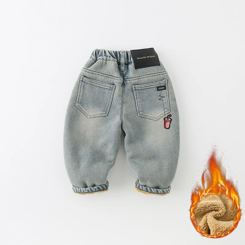【清货】儿童牛仔裤冬季2024新款男童洋气贴标刺绣保暖裤子AK1022