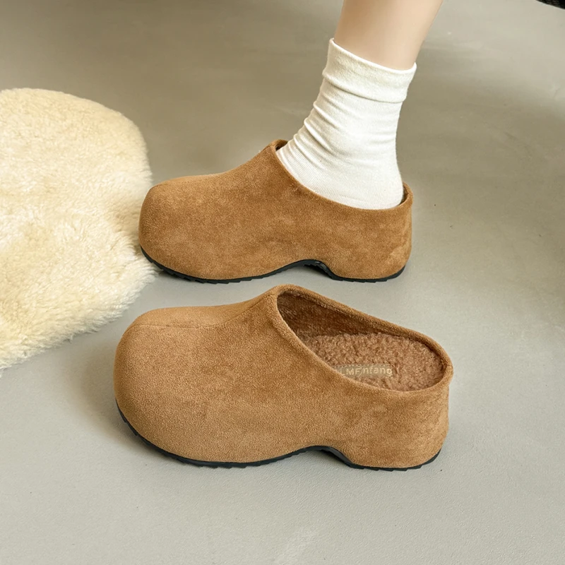 欧货毛毛鞋厚底松糕加绒包头半拖鞋女鞋小个子7cm懒人鞋勃肯鞋