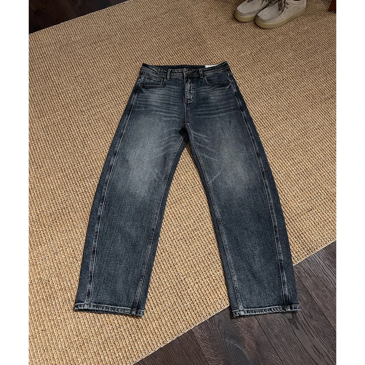 秋季新款复古蓝色水洗做旧猫须弯刀直筒宽松休闲牛仔长裤男