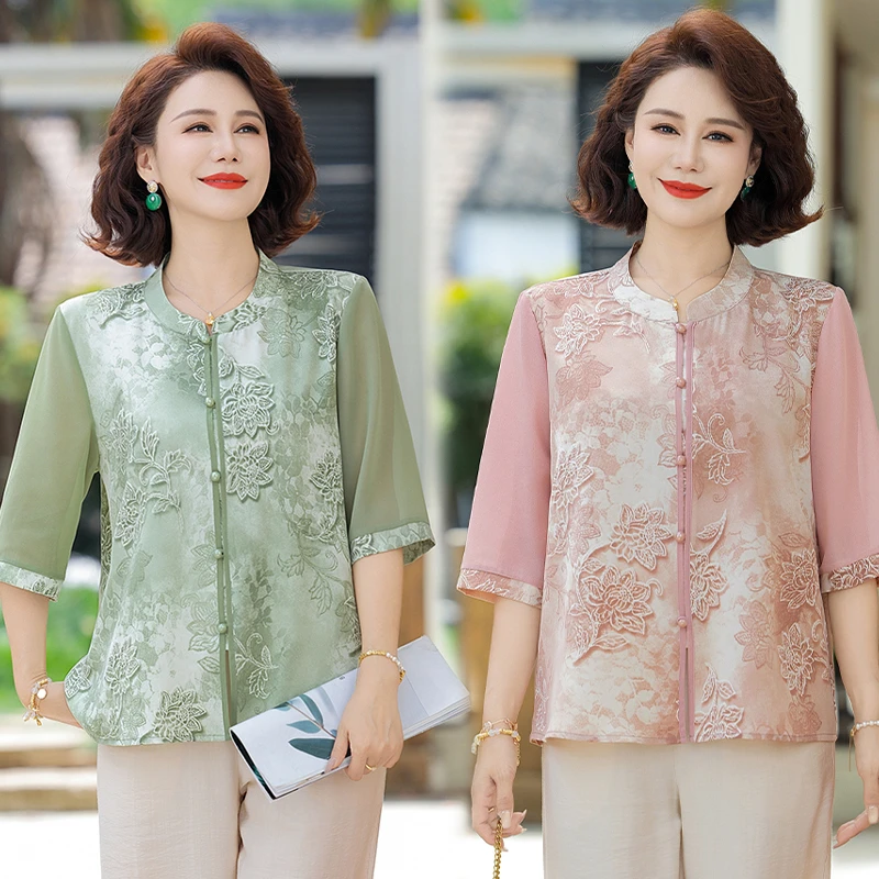 时尚中老年女装中国风小衫洋气衬衫休闲时尚开衫七分袖时尚妈妈装