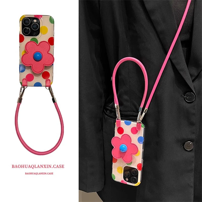 满屏彩色波点适用苹果16promax手机壳iphone15手提绳14防摔壳1312