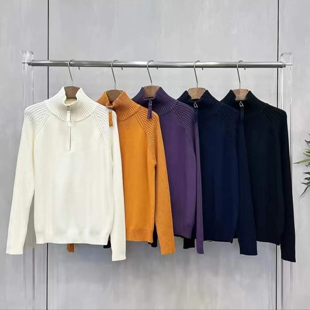 简约风长袖针织毛针织衫螺纹半拉链针织衫休闲百搭纯色翻领