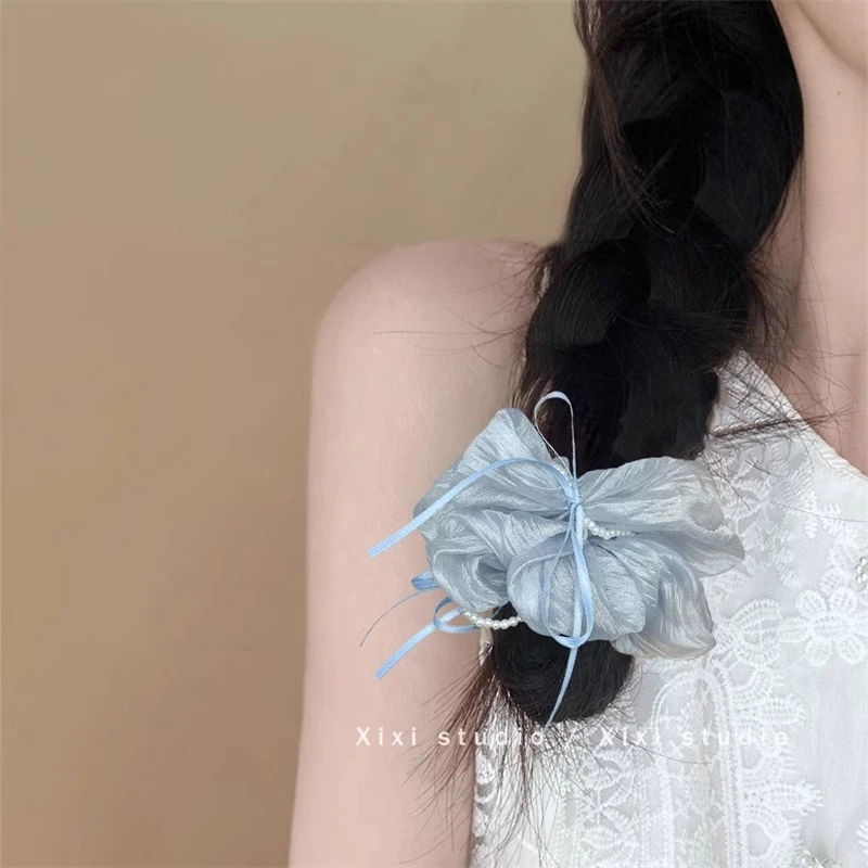 静谧星空！蓝色蝴蝶珍珠大肠发圈！高级感缎面头绳扎马尾盘发器女