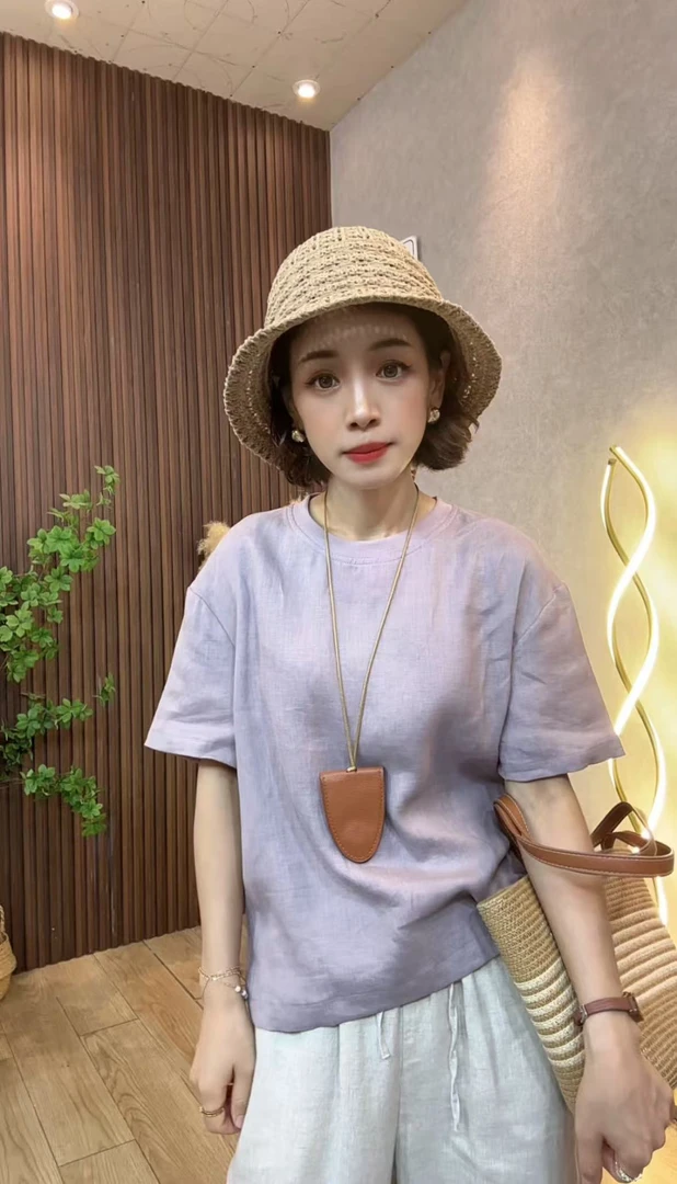 小个子休闲风多色慵懒汉麻圆领T恤夏季女百搭短袖上衣宽松