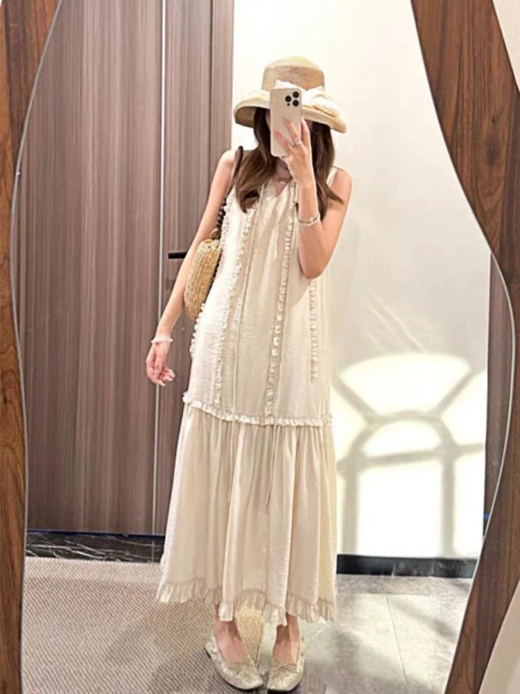 林间风吟”法式高级清凉显瘦木耳边拼接无袖连衣裙