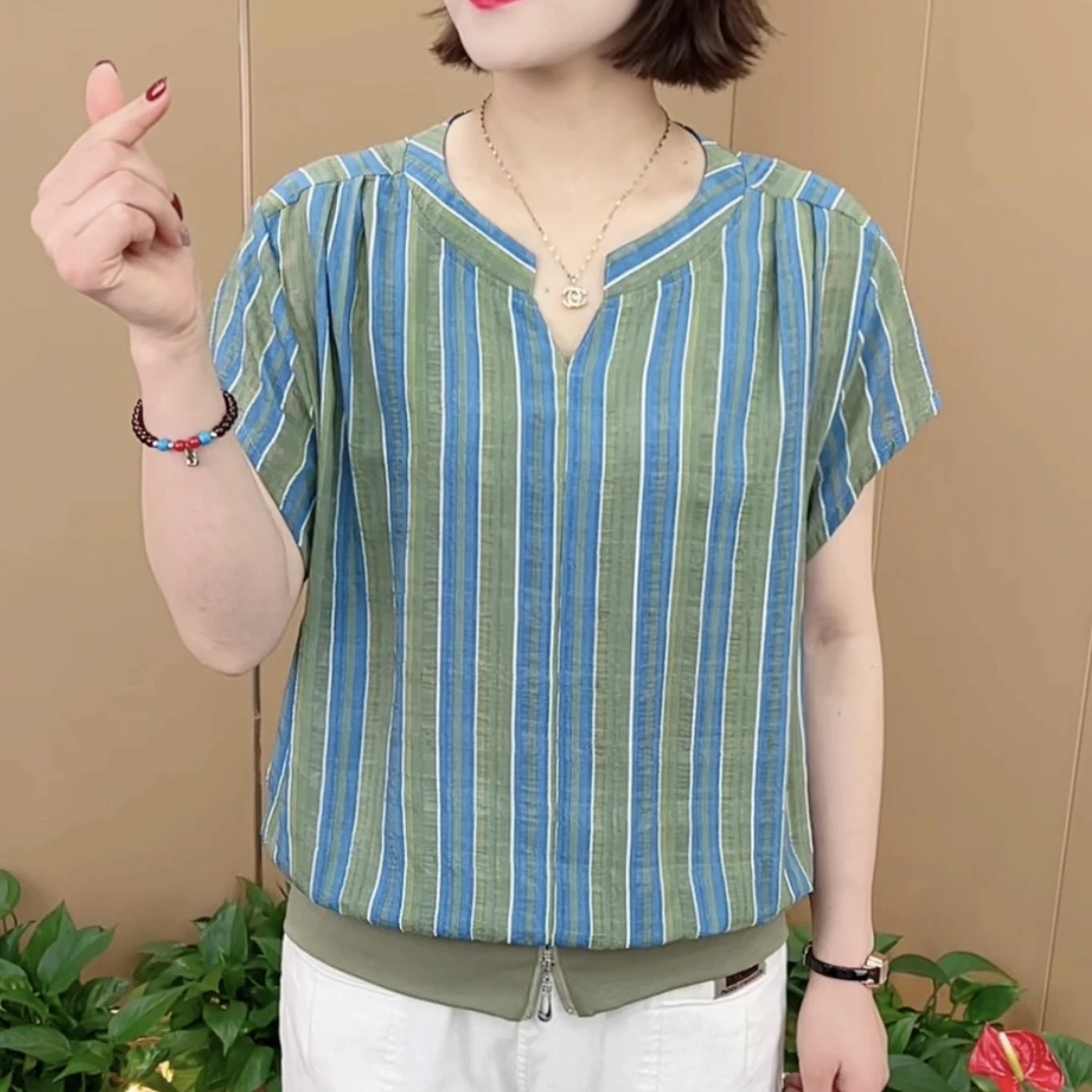 夏季新款时尚V领条纹薄款气质妈妈装宽松显瘦百搭短袖上衣K283