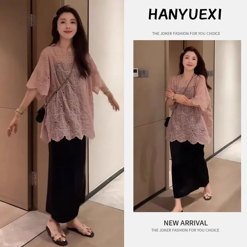 【现货】裙子套装女款爆款2025新款温柔镂空上衣高腰半身裙两件套装