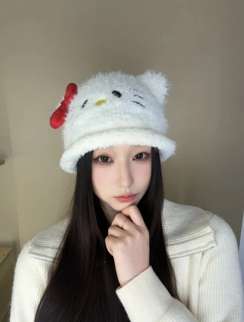 2025新款秋冬圆顶百搭帽子甜美小猫毛绒帽休闲风蝴蝶结春秋保暖帽