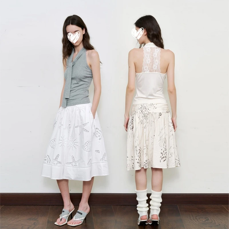 2025年夏季新款蕾丝拼接领口飘带慵懒感无袖挂脖背心显瘦百搭上衣