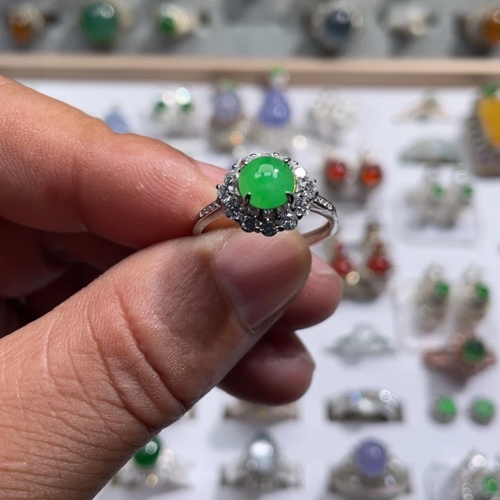 翡翠裸石正阳绿戒指S925银镶