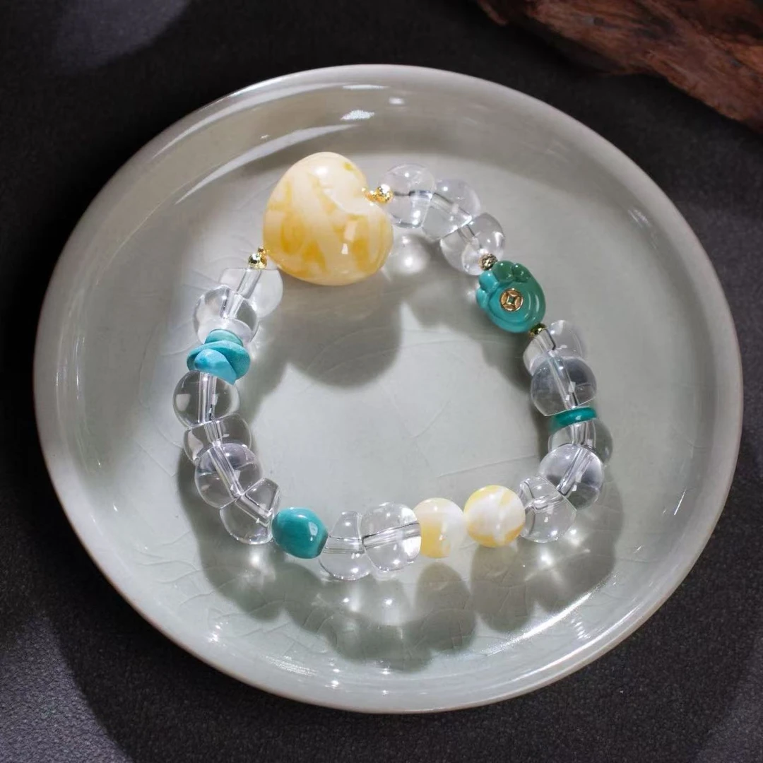 【壹芳珠宝*爱心版】天然原矿琥珀白蜡爱心顶珠水晶大肠单圈10mm