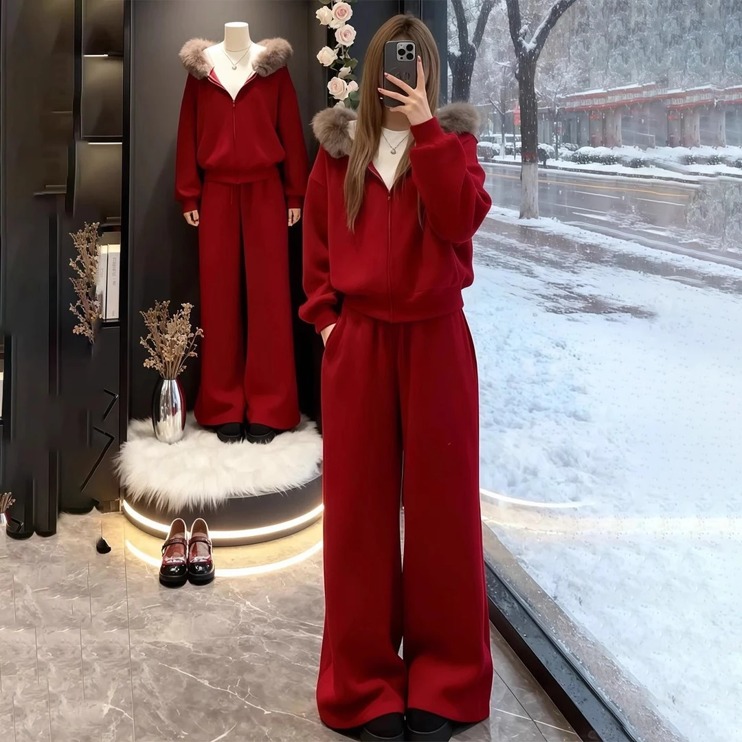 兹伊翰【新年战袍】红色加绒加厚毛领外套2025冬季新款阔腿裤两件套