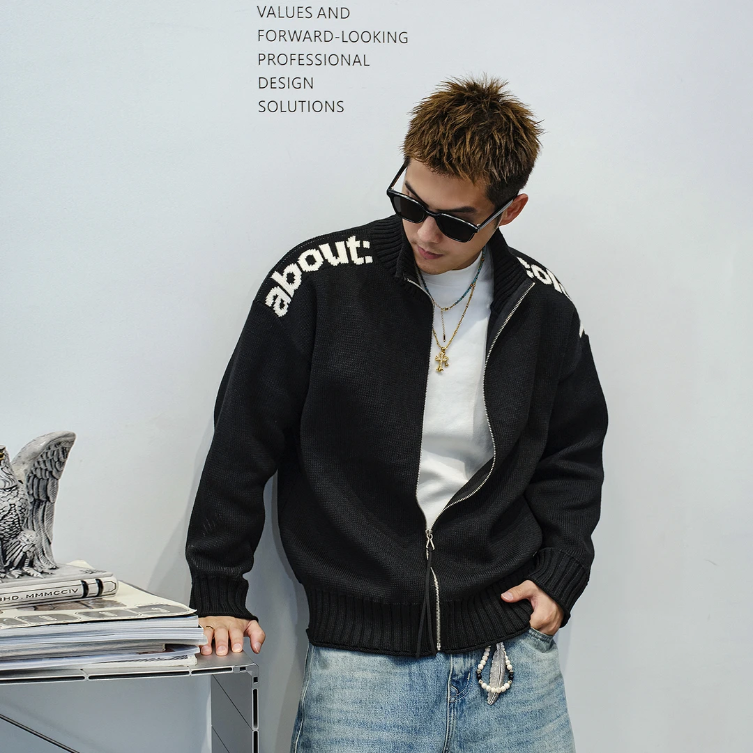 Aft studio913g重磅 字母提花黑色开衫毛衣男春秋休闲针织衫外套