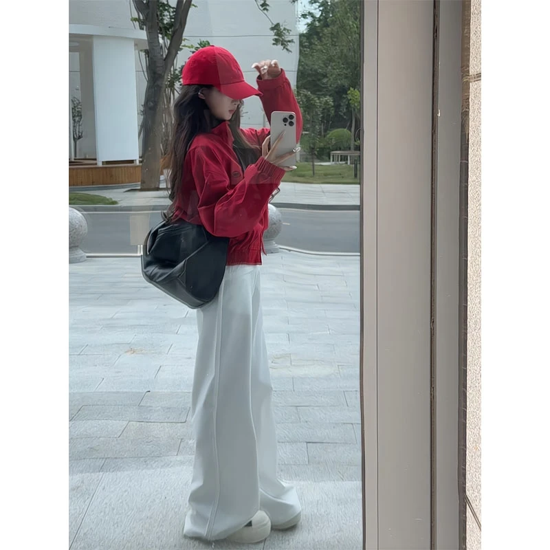 美式复古红色短款外套立领夹克时尚上衣直筒宽松休闲垂感阔腿裤女