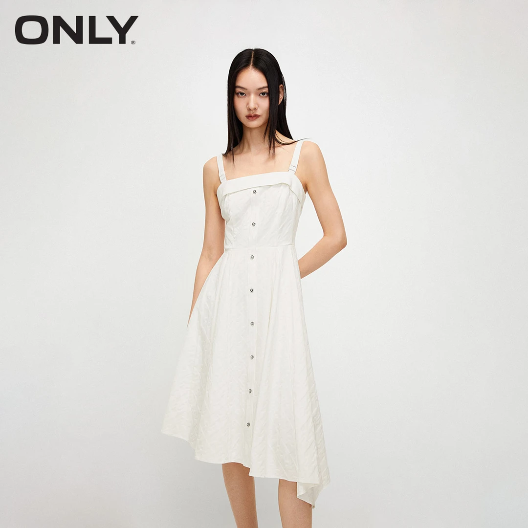 ONLY秋季新款气质中长款收腰显瘦吊带白色连衣裙女|123307005