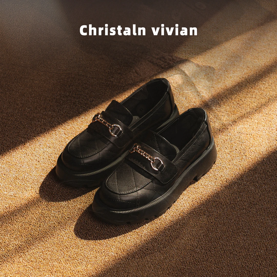 CHRISTALN VIVIAN新款乐福鞋厚底女款英伦复古百搭增高链条小皮鞋
