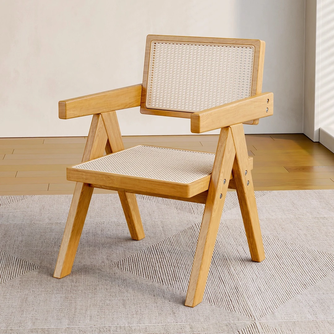 实木餐椅家用中古风昌迪加尔椅侘寂风软包扶手靠背椅休闲藤编椅子