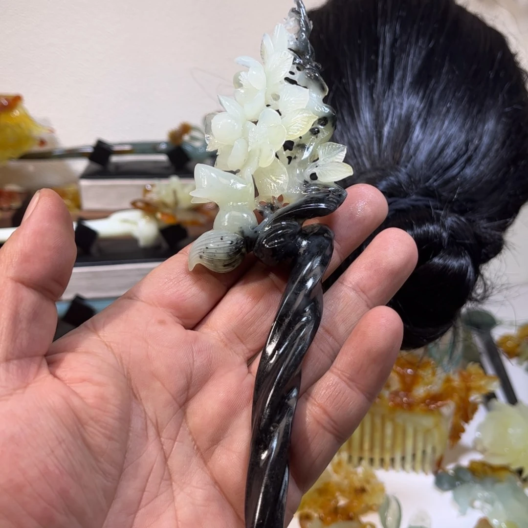 蛇纹石玉发簪合金霖*