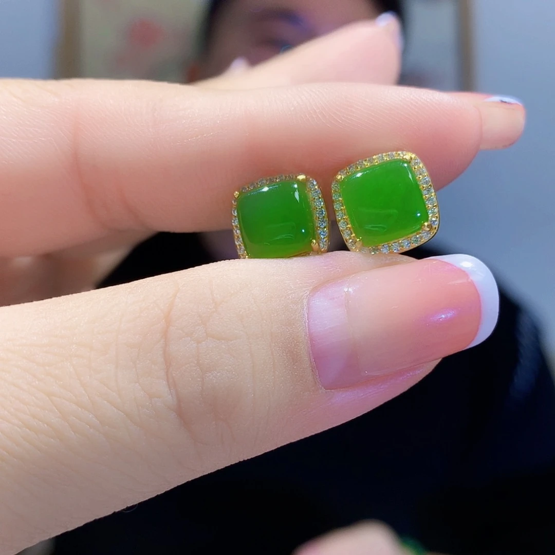 和田玉（碧玉）耳饰银S925镀金镶嵌