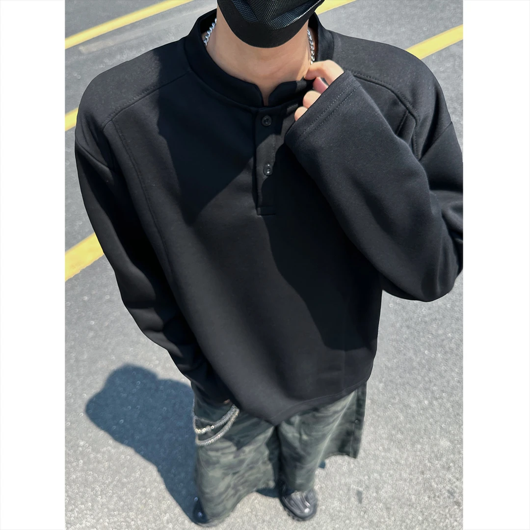 春秋款卫衣POLO衫亨利领长袖t恤男秋季解构拼接设计感正肩打底衫
