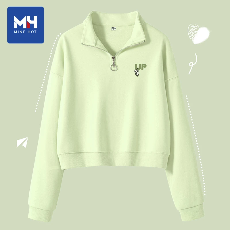 唐狮集团MH女绿色半拉链长袖休闲2025新款时尚百搭宽松短款春秋L