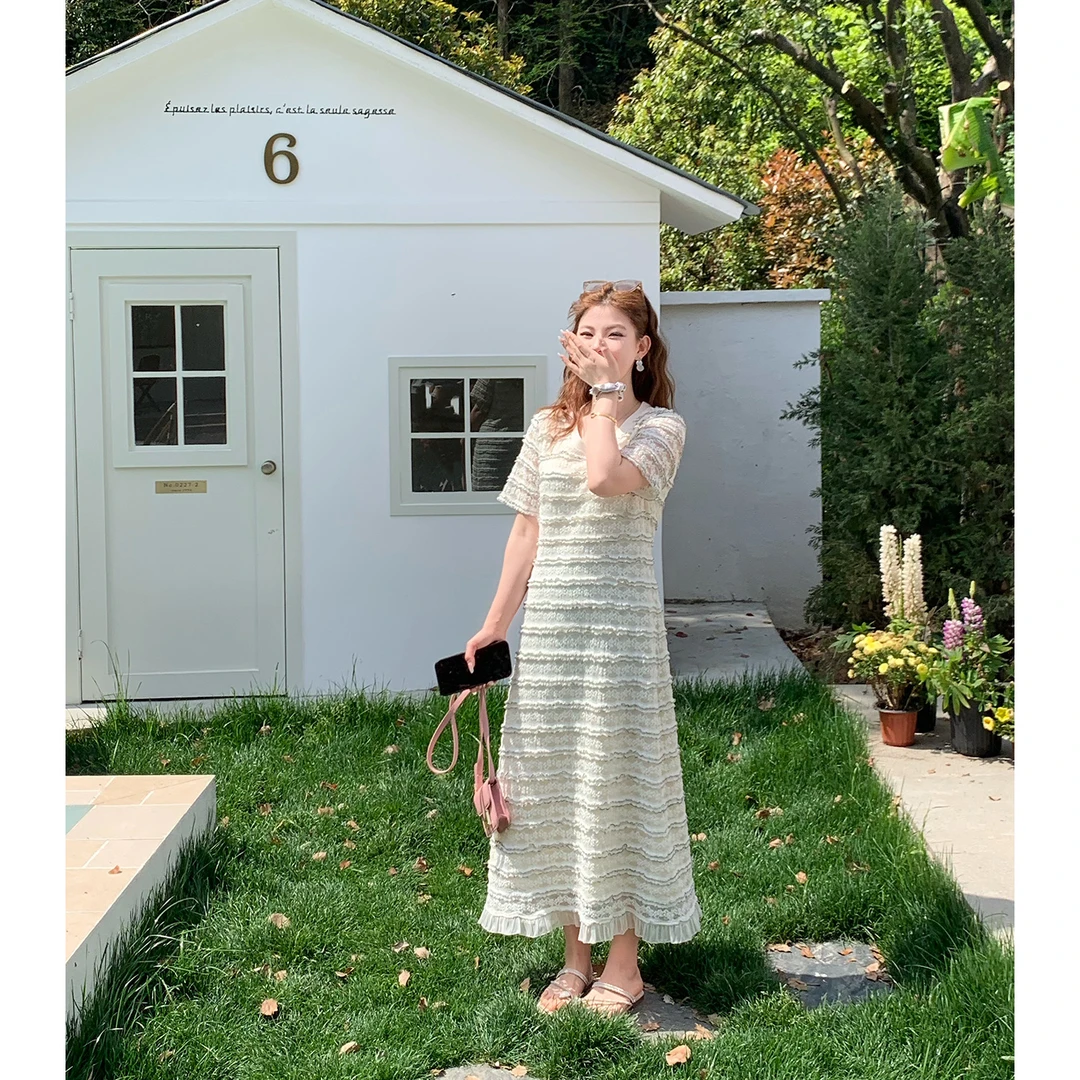 裂渡念念【梨见花织】微胖大码女夏其中蕾丝长短款连衣裙ZY505A83