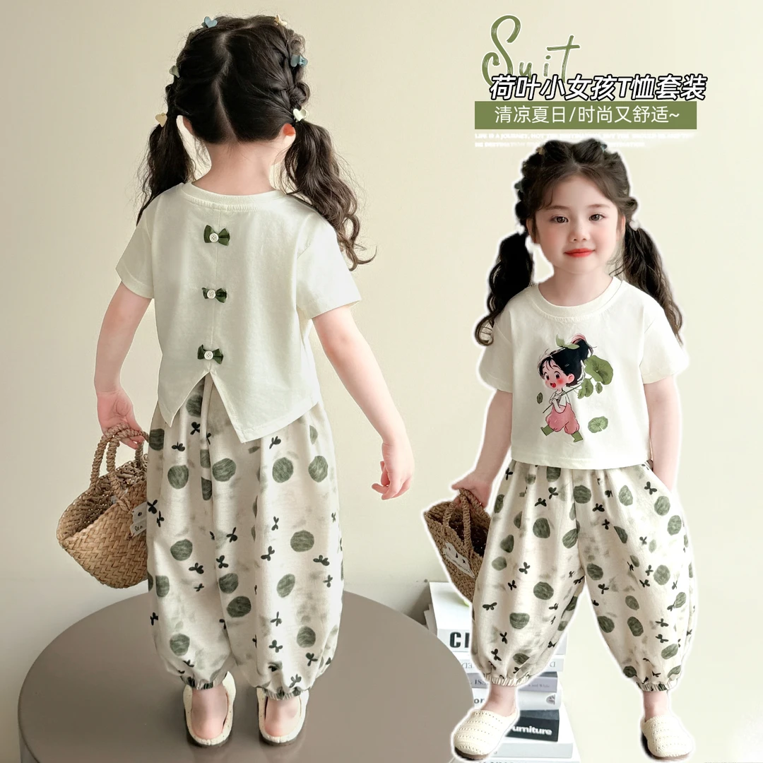 女童夏装套装2025新款女宝短袖T恤束脚裤两件套休闲卡通洋气薄款6