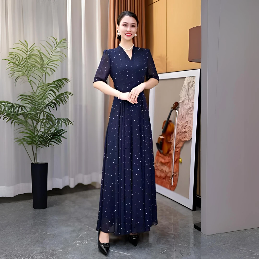 香衣丽华28-藏蓝星空夏季新款V领圆点套头中腰长款过膝大摆连衣裙