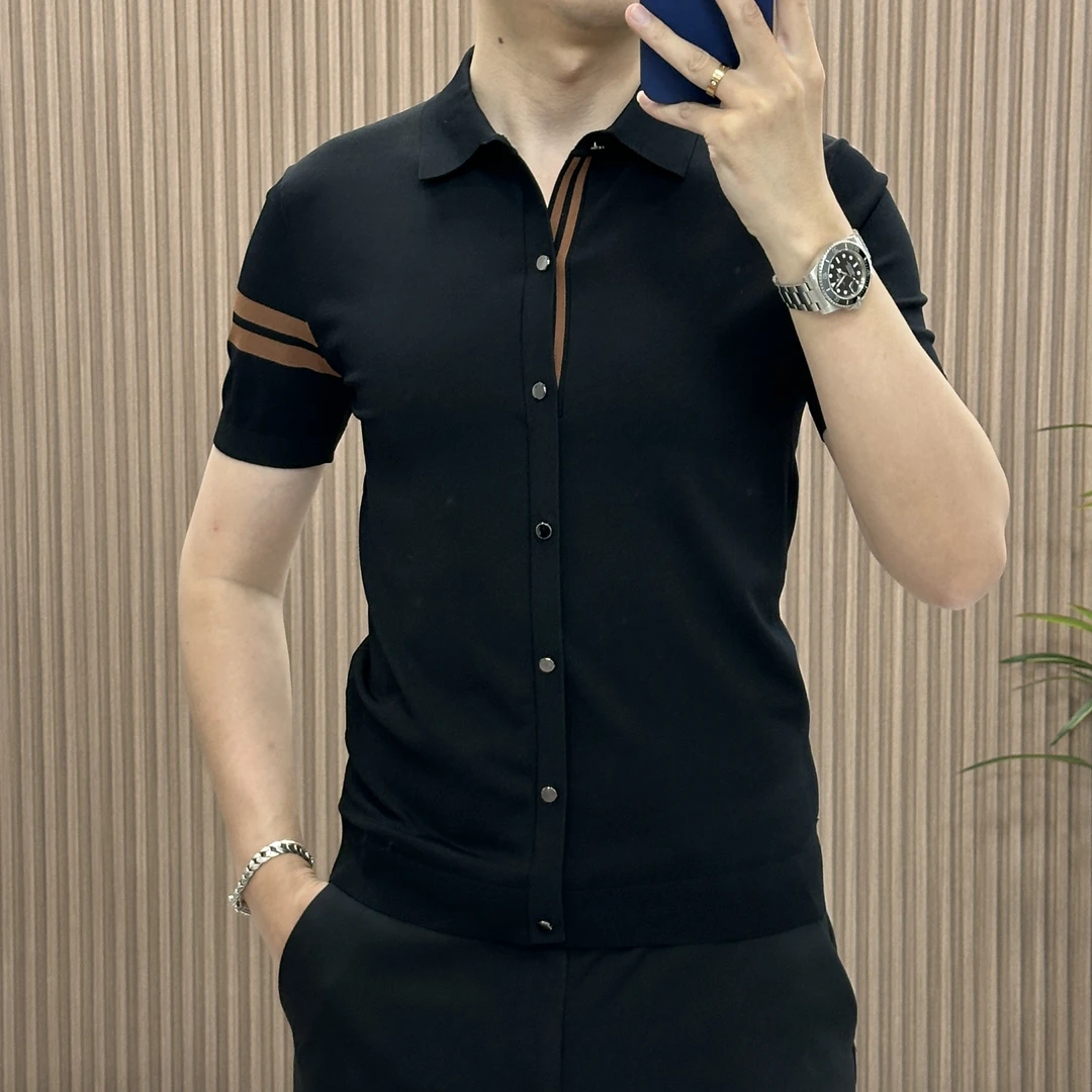 简约帅气修身针织短袖男翻领薄款短袖T恤2025春夏季外穿半袖120