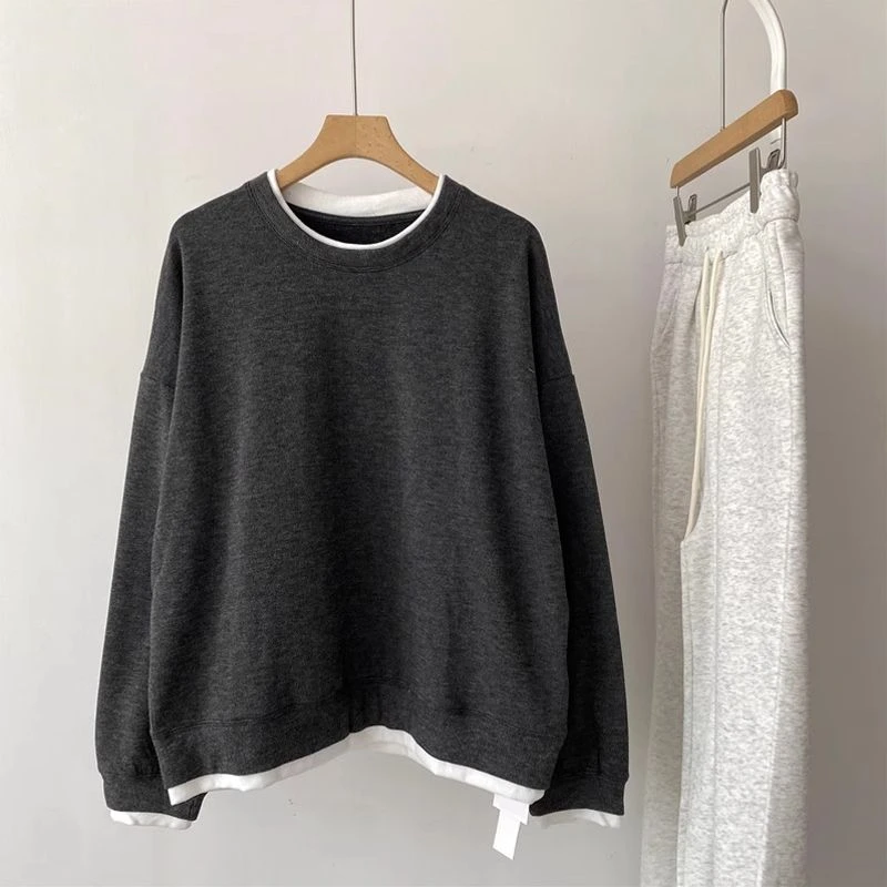 学院风小众拼色宽松假两件上衣女春季新款慵懒风百搭显瘦卫衣外套