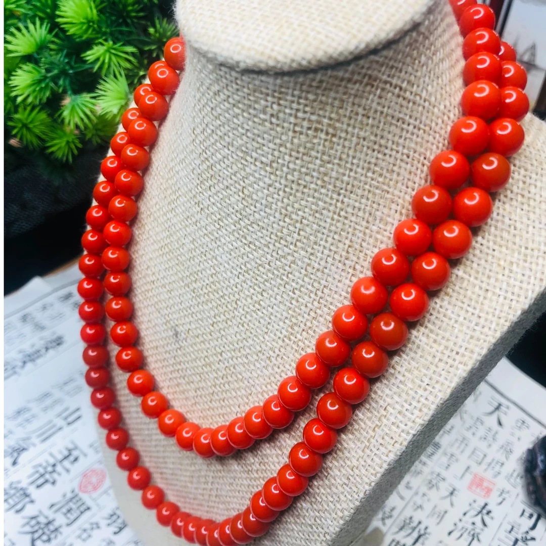 【月亿珠宝】黄龙玉项链108珠8mm红色女款珠珠中古双圈长链民族风