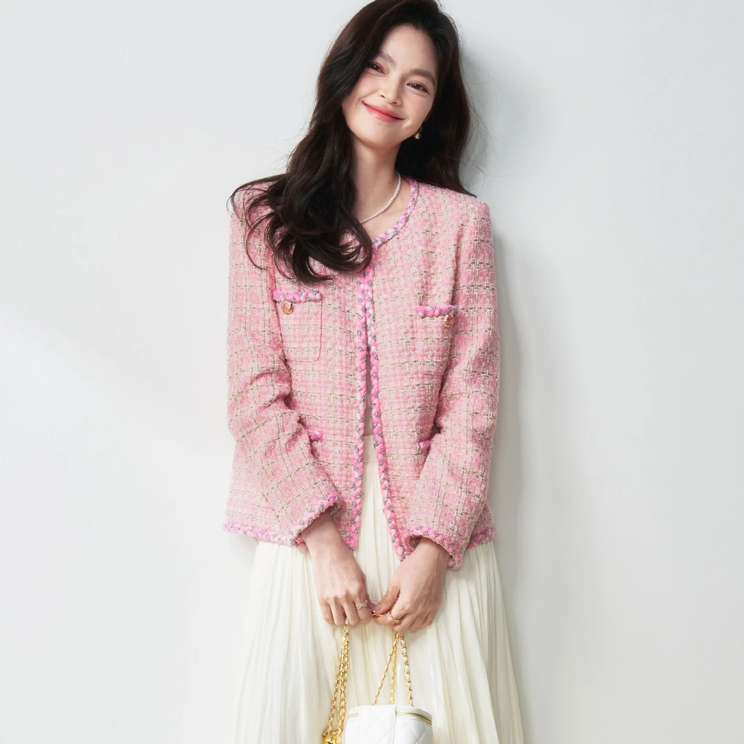 【盛宏】粉色絶美氛围感重磅羊毛粗花呢气质小香风外套女25017