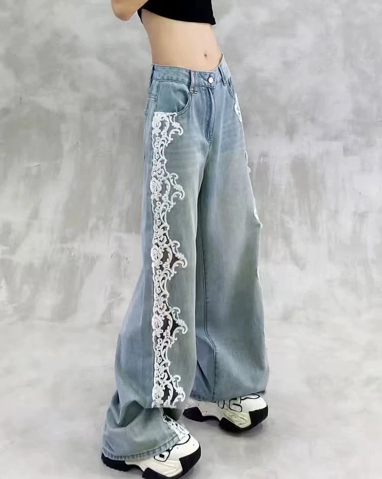 ★H6111高腰镂空蕾丝牛仔裤，宽松垂坠，复古与时尚感并存