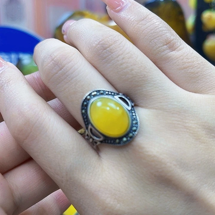 琥珀银S925镶嵌颈饰戒指